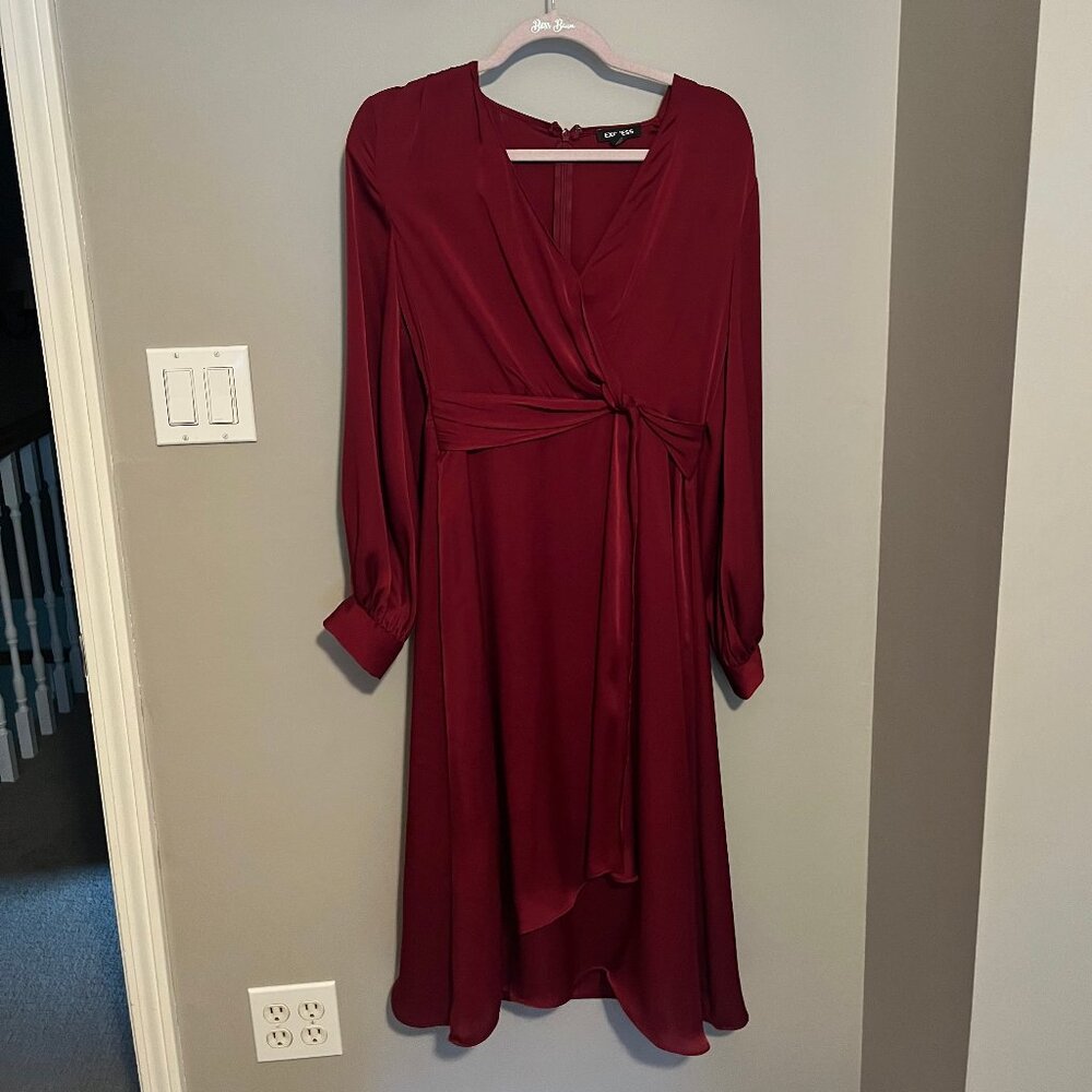 Express Red Satin Twist Front Midi Dress